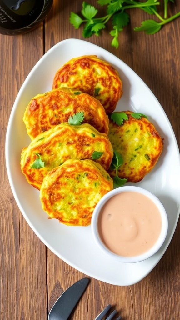 Crispy zucchini fritters on a plate with herbs and dipping sauce.